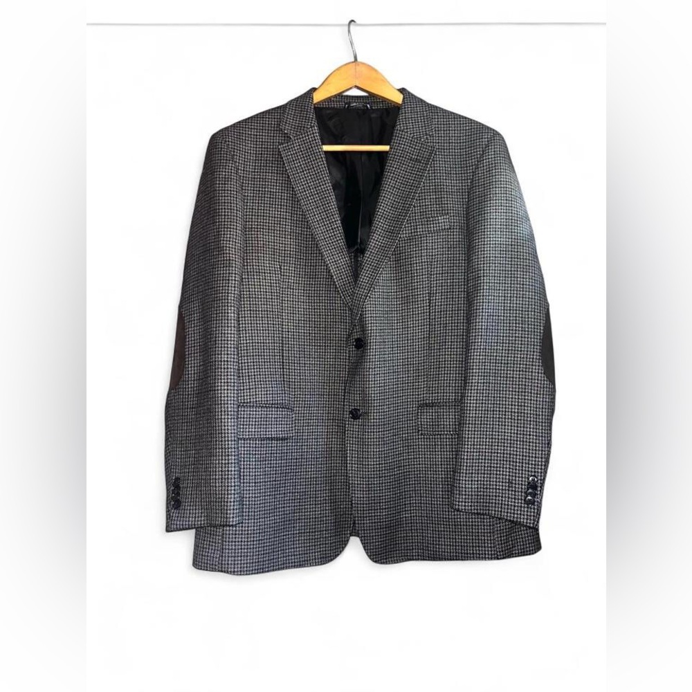 Tommy Hilfiger Sport Coat 44R 100% Wool Houndstooth Plaid Check Elbow READ